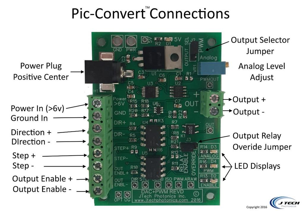 Power Specifications The Pic-Convert comes with a provided 7V power adapter. If you want to use a different power supply, the board requires a voltage higher than +6V.