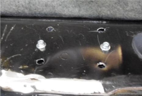 15) Loosely re-install gussets into car using all original hardware. Do not tighten at this time. 16) Drill the rear diagonal tube mounting holes marked in step 6.