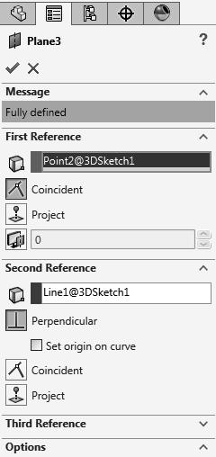 - Add Sketch Fillets of.500 in. to all corners. - Exit the 3D Sketch or press Ctrl+Q. 5. Creating a Perpendicular plane: - Select Insert/Reference Geometry/Plane.