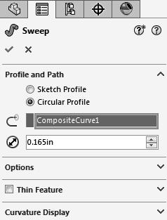 6. Creating a Sweep using Circular Profile: - Select Insert/Boss Base/ Sweep. - Select the Circle Profile option (arrow). - Enter.165 in for the diameter of the sweep profile.