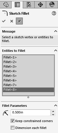 6. Adding the Sketch Fillets: - Click or select Tools / Sketch Tools / Fillet. - Add.500 fillets to all the intersections as indicated.