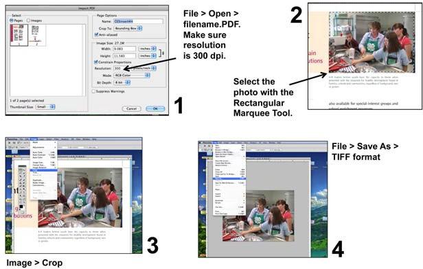Essential Graphic Design Concepts What if the only photo you have is within a PDF document? If you have Photoshop, you can open the PDF, crop out the image and save the file as TIFF image.