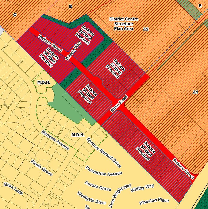 Figure 4: Land at Ihakara Street and Rimu Road rezoned from Industrial Zone to the Outer Business Zone (Ihakara Street East Precinct), and land at State Highway 1 and Ihakara Street rezoned from