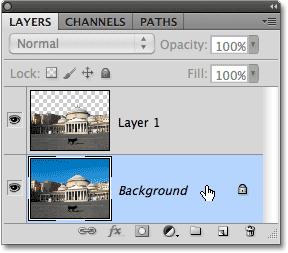 Selecting the Background layer. Finally, I ll press Ctrl+V (Win) / Command+V (Mac) to paste the new image into the document.