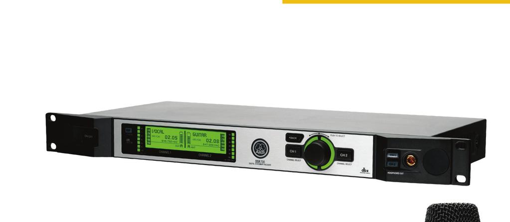 40 pre-programmed frequencies Up to 100 channels can be operated simultaneously 8 hours battery life and 7-segment battery status information Quick setup mode, spectrum analyzer and rehearsal