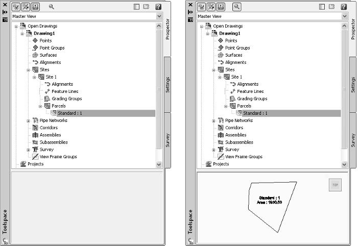 4 Chapter 1: Welcome to the Civil 3D Environment Figure 1.2 Preview toggled off (left) and on (right) when reviewing a parcel. The preview is a 3D view.