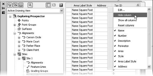 8 Chapter 1: Welcome to the Civil 3D Environment Figure 1.8 Hiding a column in the list view 5. Right-click on the Address column header and select Hide Column as in Figure 1.8 to make it disappear.
