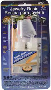 One coat is equal to 60 coats of varnish. No solvents or VOC s. 4 oz, 8 oz, 16 oz, 32 oz, 64 oz and 1- gallon sizes. EnviroTex Jewelry Resin blister pack with instructions and measure/mix tools.