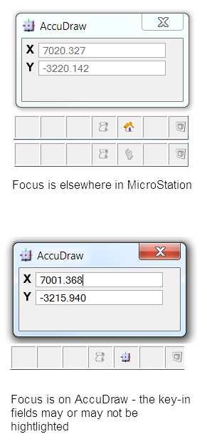 COM 2013 Bentley Systems, Incorporated The key-in fields input focus As you move the pointer around the screen, AccuDraw continually updates the fields in the AccuDraw