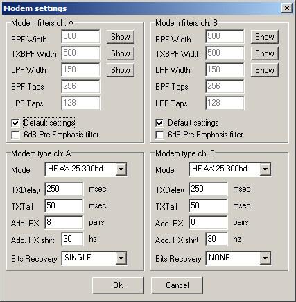 Configuring UZ7HO Sound Modem For HF Packet Radio Click Settings from the main menu and choose Modems from the popup menu. Ensure Default settings is selected for Channel A Ensure HF AX.