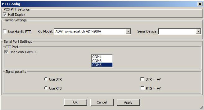 1. Click on Tools, then PTT Config from the main FreeDV menu. 2. Ensure Use Serial Port PTT is selected. 3. Select the RIGblaster Advantage COM port in the selection box. 4.