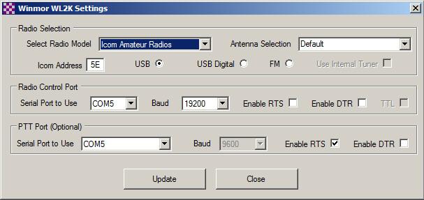 Assign the RIGblaster Advantage Audio device for both of the capture & playback drop-down boxes. 7. Click on Update. 8. From the Setup menu choose Radio Setup. 9.