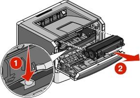 Întreţinerea imprimantei 106 2 Apăsaţi butonul de la baza kitului fotoconductor, apoi scoateţi afară cartuşul de
