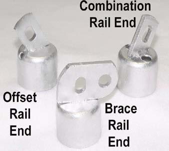 LINE RAIL CLAMPS, END RAIL CLAMPS, RAIL ENDS & SLEEVES: RAIL END Offset rail ends are a cup-shaped fitting used with a brace band, carriage bolt and nut to connect the top rail or brace to a post.