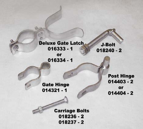 male post hinges. All the components are packaged in a clear poly bag. These kits are for 1 3/8" gate frames and either 1 7/8" or 2 3/8" male post hinges for gate posts or J-bolts.