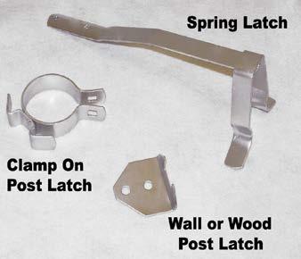 Can be used to mount on wall, wood post or pipe. 016531 Steel Spring Latch 0.60 50 016540 Wall or Wood Post Latch 0.