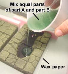Mix it completely but try not to mix a lot of air into it when stirring. Pour it into the river section, but do not fill any higher than the bottom of the floor tiles.
