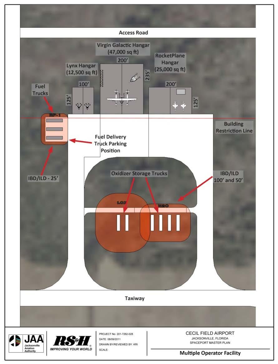 6.3.6.4 Ultimate Development Figure 6-8 illustrates a potential ultimate development of the RLV operator facility, with multiple RLV operators sharing ramp space, taxiways, oxidizer storage areas and