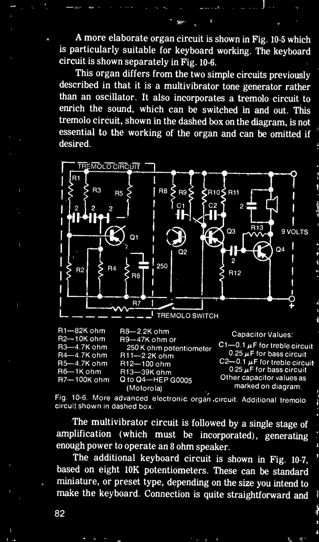 7K ohm R5-4.7K ohm R6-1K ohm R7-100K ohm Fig. 10-6. More circuit shown in _000.17 I I TREMOLO SWITCH R8-2.2K ohm R9-47K ohm or 250 K ohm potentiometer R11-2.
