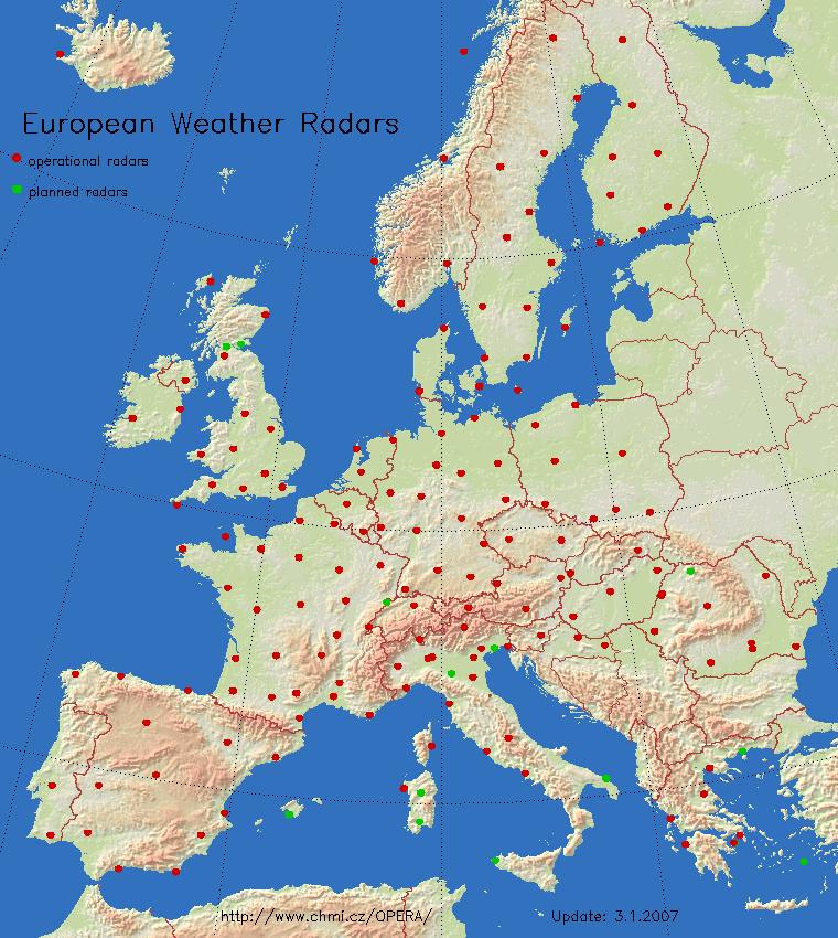 The European radar network Currently (EUMETNET/OPERA Database) : 192 radars : 159 C, 32 S, 1 X 187 Doppler 30 dual-pol A