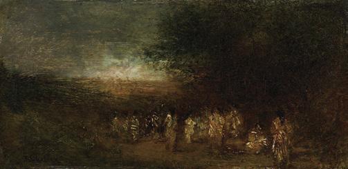 Ralph Albert Blakelock (1847 1919) Apache Indians Breaking Camp at Daybreak Oil on canvas 3 x 6 inches