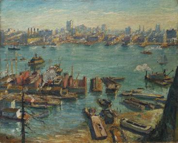 Max Kuehne (1880 1968) Across the Hudson Oil on canvas laid down on board 24 x 30 inches Signed lower left: Kuehne; on verso: Across the Hudson / Max Kuehne Is New York an important location for
