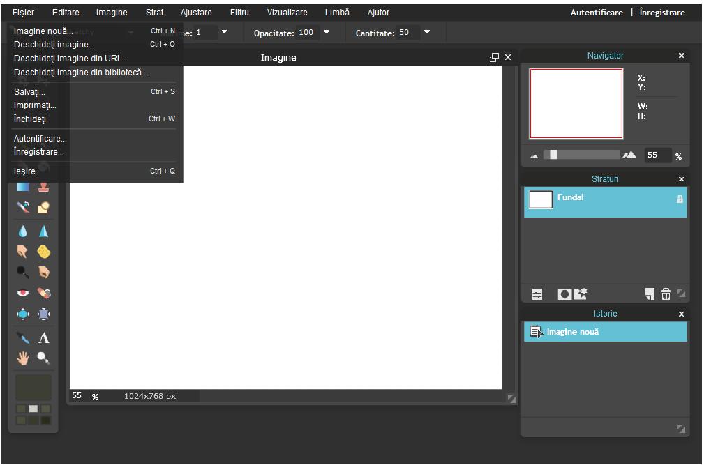 Folosirea Pixlr Pixlr vine cu o interfaţă rapid de înţeles,conţinând o mulţime de operaţii. I.Pentru crearea unui nou proiect selectam "Creati o noua imagine" din meniul principal. II.