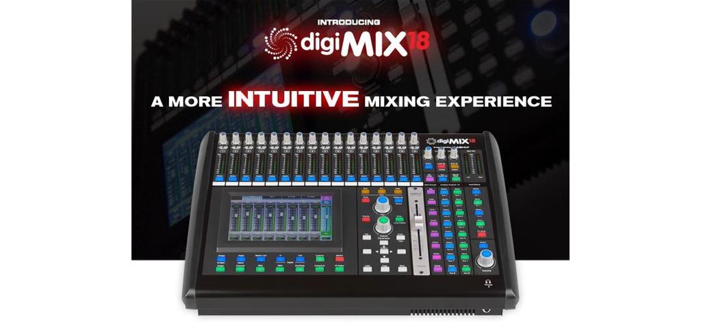 digimix-18 Digital Mixing Consoles 18 total inputs / 12 total output buses Desktop mixer that is Rack-mountable (Rack rails included) Optional, Dante and USB digital I/O cards available with up to 30