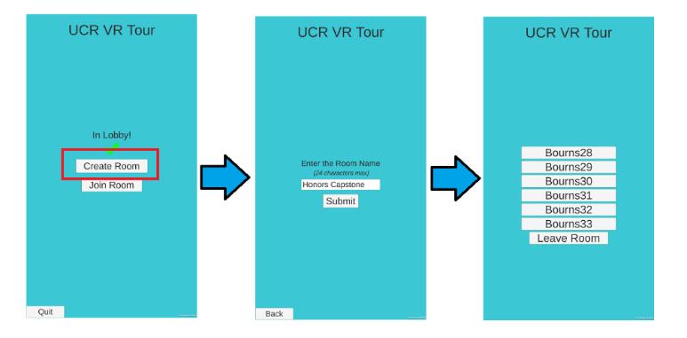 Figure 4 How to create a room in the VR'Tour demo If you choose to join a room, a list of available rooms will be displayed. You can join the room of your choice by pressing it from the list.