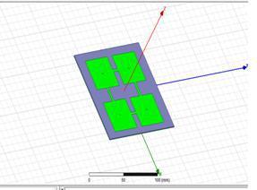 Fig 3.3: Shows the geometry of the proposed four element square micro strip antenna in HFSS Four element square patch array antenna design simulations results are as follows 3.3.1 Gain Total The following fig 3.