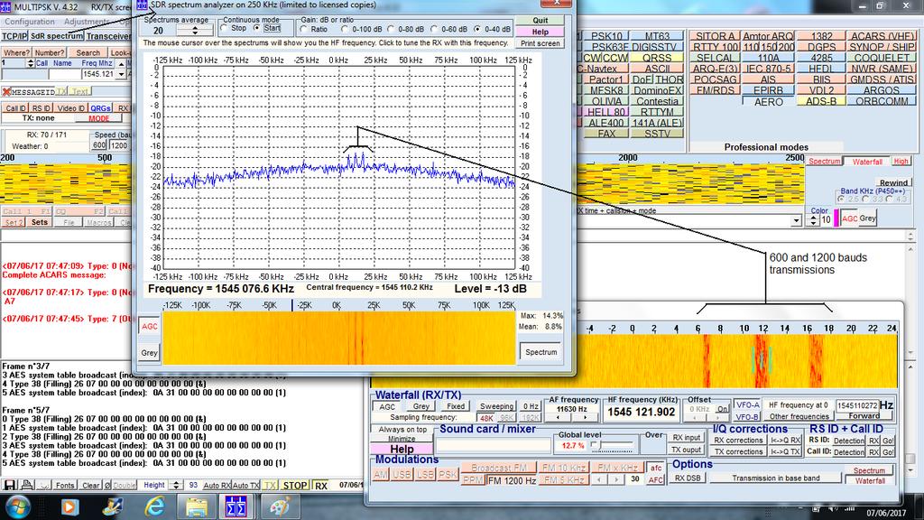 The «SdR spectrum» window permits to display a 250 KHz bandwidth and to control the RTL/SDR key frequency.