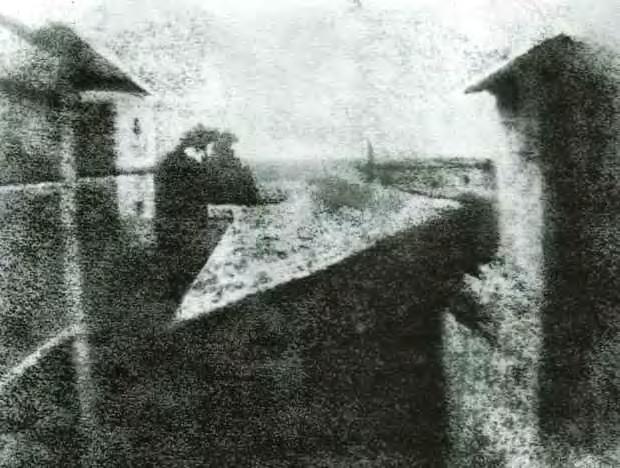 First Recorded Image by Joseph Niepce, 1826, that took 8 hours of exposure time.