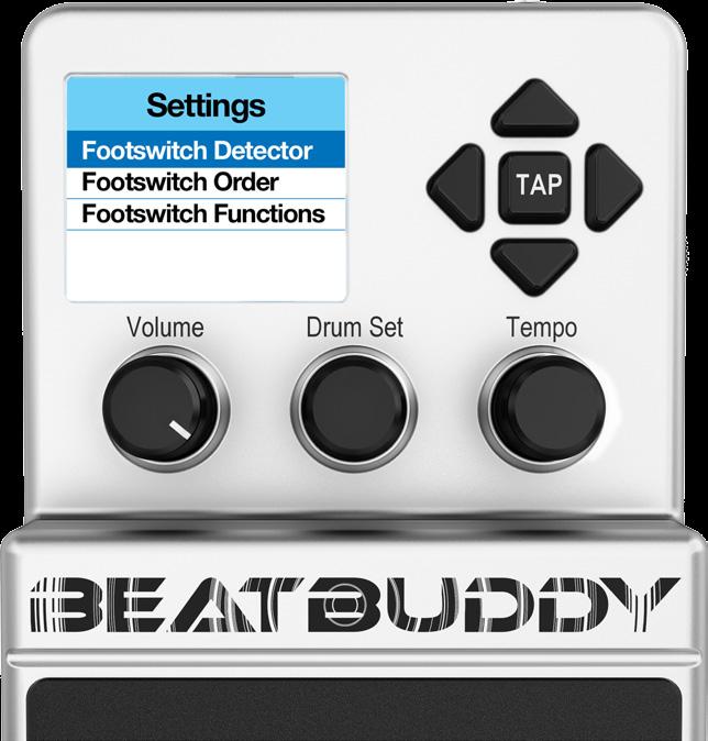 To configure the BeatBuddy to your footswitch, press the Drum Set and Tempo knobs down at the same time to enter the Settings menu.