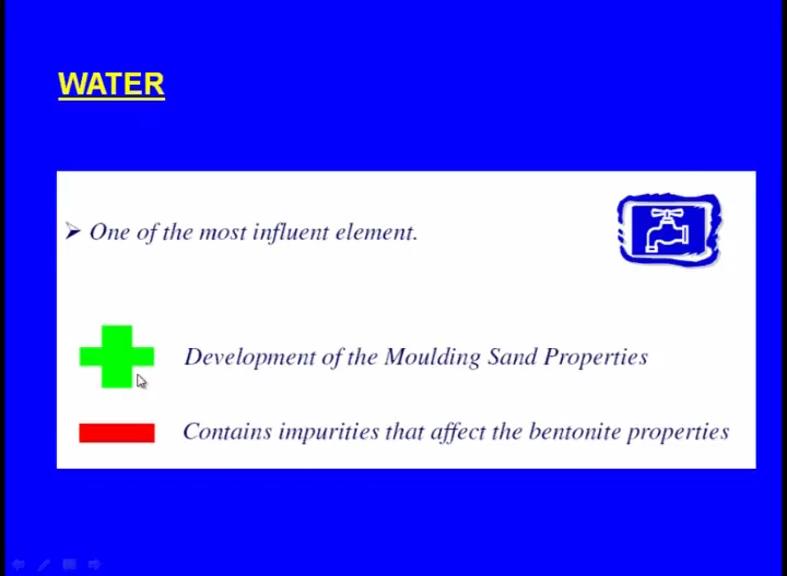 (Refer Slide Time: 26:27) Next one let us see the water which is the fourth component of the green sand. So, this is water and one of the most influent elements.