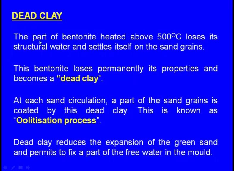 (Refer Slide Time: 29:11) What is this dead clay? The part of the bentonite or the clay heated above 500 degree centigrade loses it is the structural water and settles itself on the sand grains.