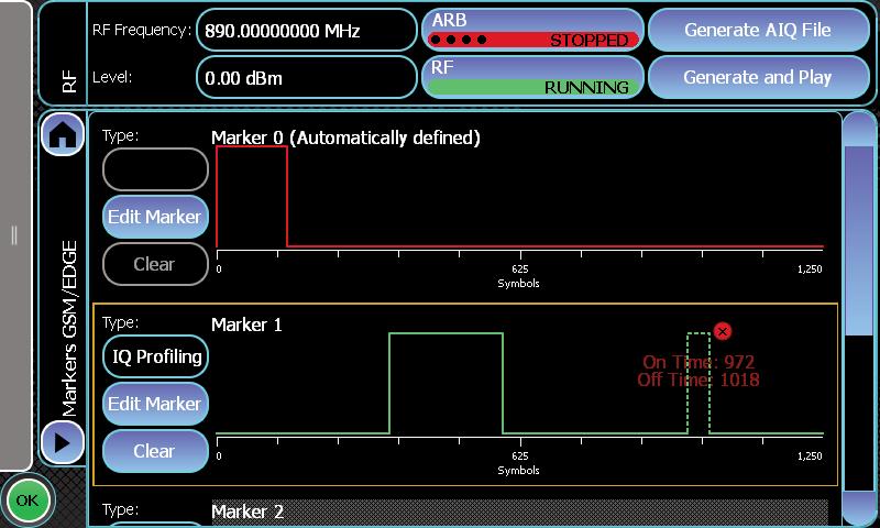 Using the touch-screen to add, move and adjust markers Graphical preview of GSM FFT IQCreator includes a utility which allows user-defined waveforms, created using simulation tools such as MATLAB, to