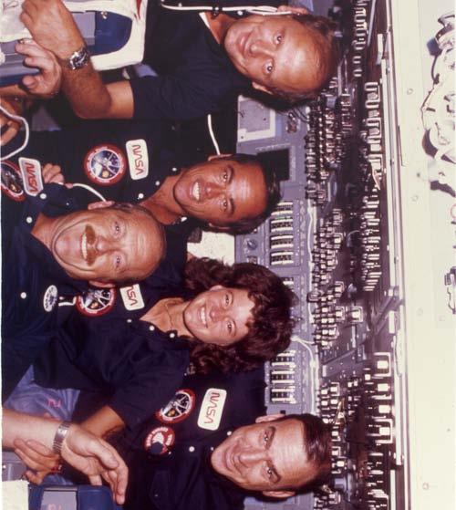 A photo of the Earth-orbiting space shuttle Challenger, taken on the STS-7 mission Sally Ride and her crewmates on the STS-7 mission Sally was the flight engineer on board.