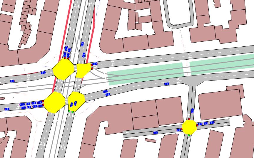 The images below (Figures 4 to 6) show details of the simulator of the full Grenoble city, with screenshots of the AIMSUN visualization of the traffic flow.