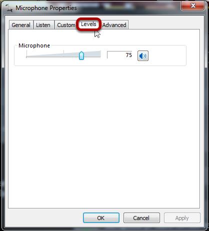 In the Microphone Properties window, click on the "Levels" tab. Use the slider to raise or lower the levels as needed.