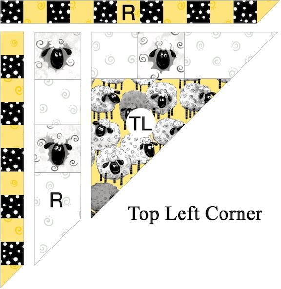 9. Stitch the pieced strip to the top of the TL yellow sheep