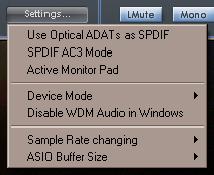 Sync Source display Displays the currently selected sync source (red display) To change the sync source, click on the red sync source value and select Internal, ADAT, S/PDIF.