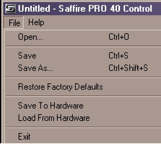 Save - opens a File save dialog allowing selection of a location into which your Saffire PRO 40 Control set-up can be saved. Subsequent saves overwrite the original file.