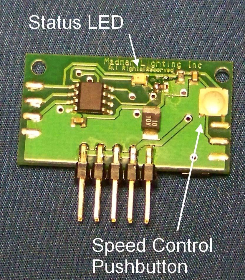 Closeup of backside of Delux-Flasher 24 board, Speed control button in upper right corner.