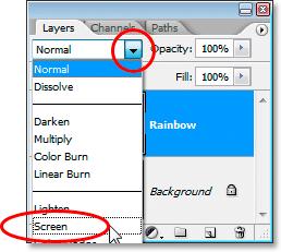 Step 5: Change The Blend Mode Of The Rainbow Layer To Screen With the Rainbow layer still selected, go up to the Layer Blend Mode options in the top left of the Layers palette, click on the