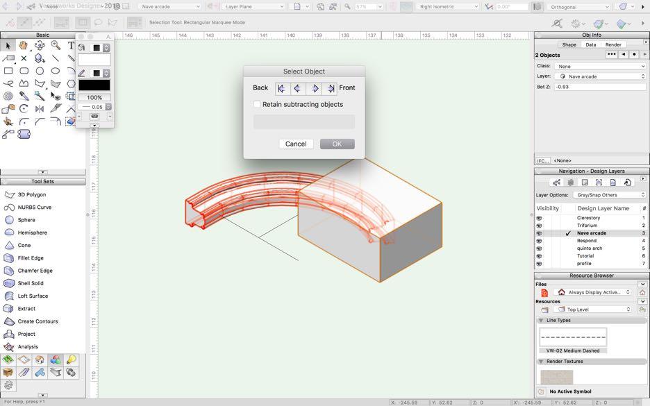 Go to the Front view, to make sure that the extruded rectangle covers the part of the arc you want to remove. 12.