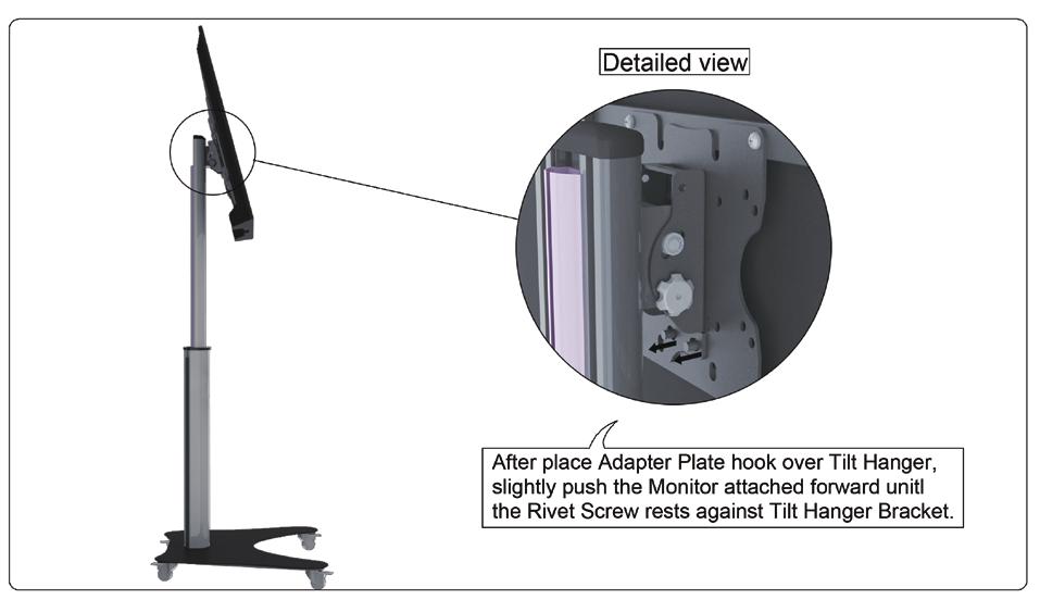 2. Slightly push the monitor attached forward until the rivet screw of Adapter Plate rests against tilt hanger bracket. (See Figure 4-2) 3.