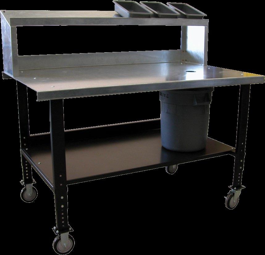 The sturdy formed channel base features a galvanized steel work surface and upper riser shelf.