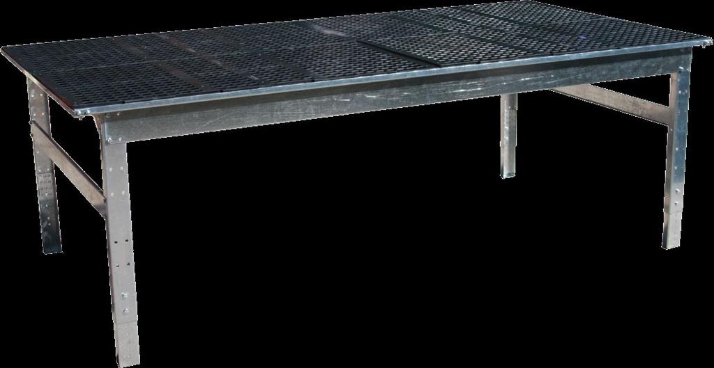 Greenhouse Tables Growing Tables Growing tables feature a 13 gauge galvanized steel base frame with work surface supports. Sturdy formed channel adjustable height legs with floor anchor pads.