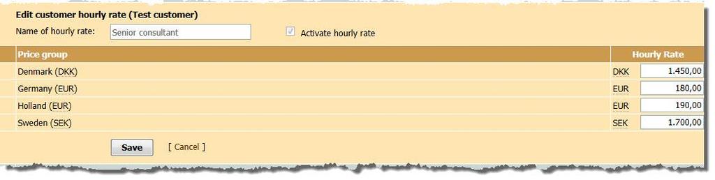 Enter the new Hourly rate as described in Create a default hourly rate above, and click Save.
