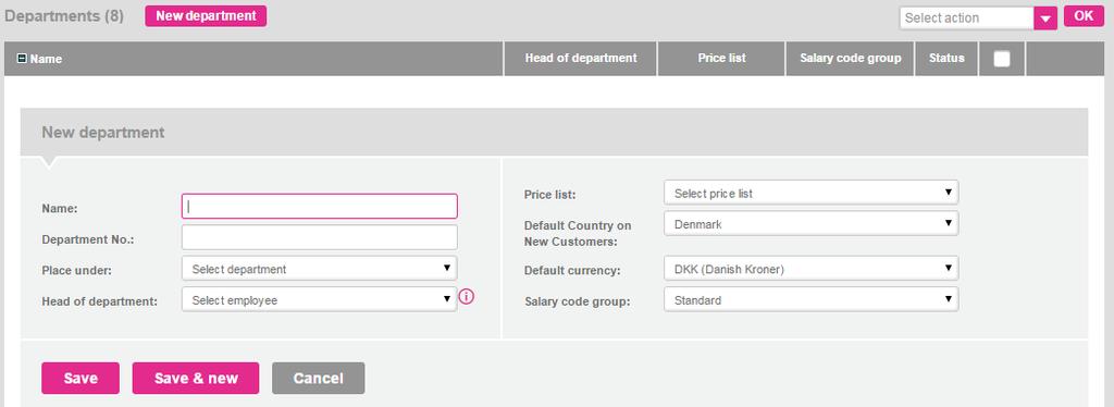 5. Choose the default price list to which the department is added on the Price list drop-down list 6.